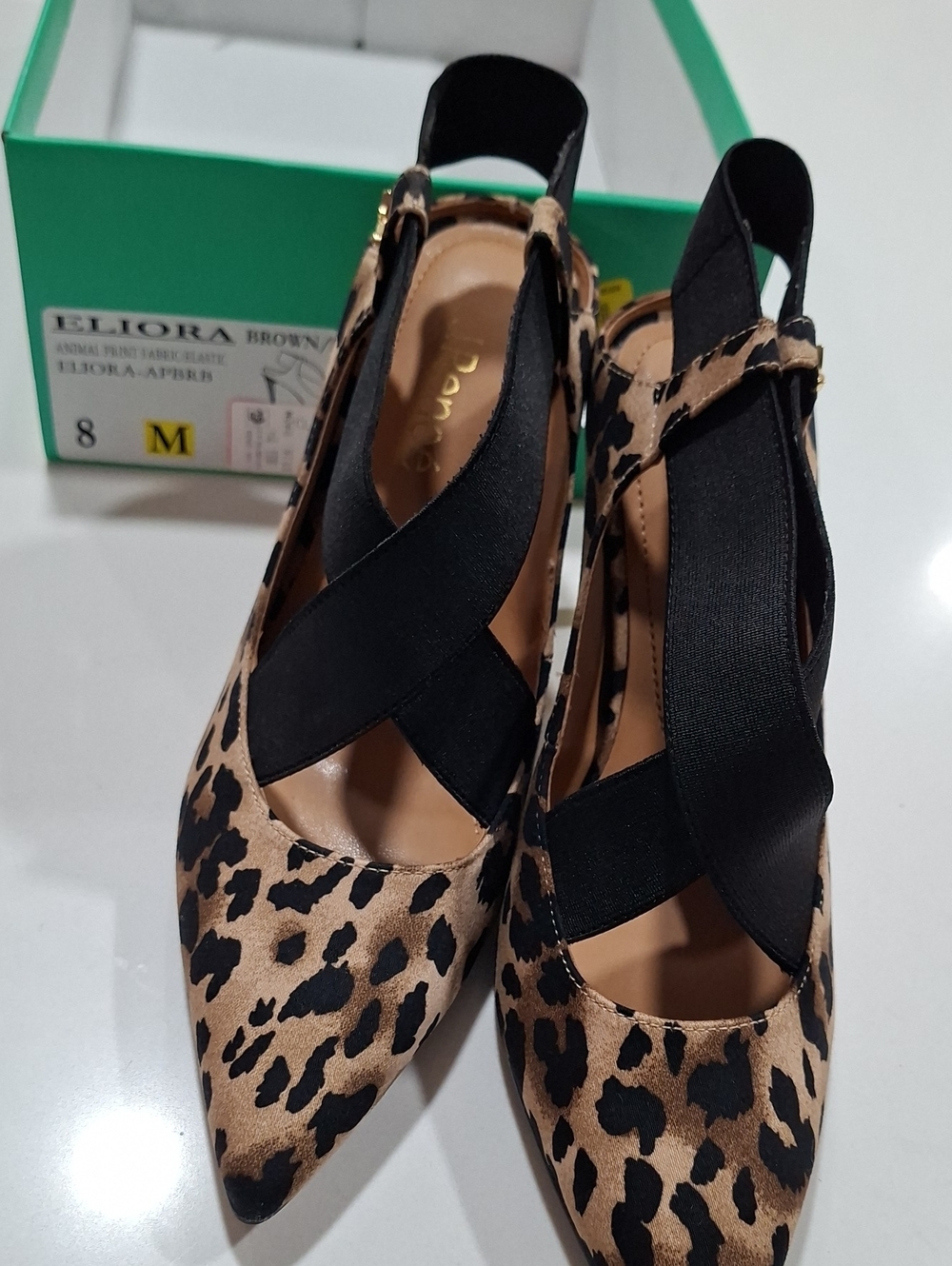 J.Renee Leopard Print Pointed Slingback Heels with Black Cross Straps